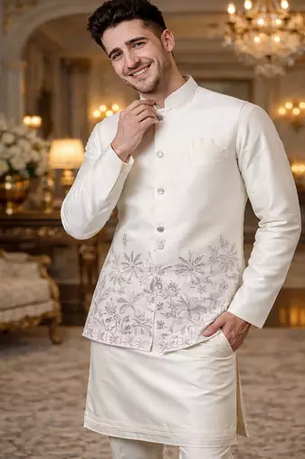 off white silk blend kurta koti set with floral embroidery