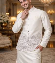 Off white color embroidery sequence work slub silk kurta koti pant set