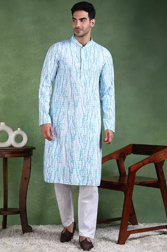 Men blue viscose rayon solid embroidered straight kurta