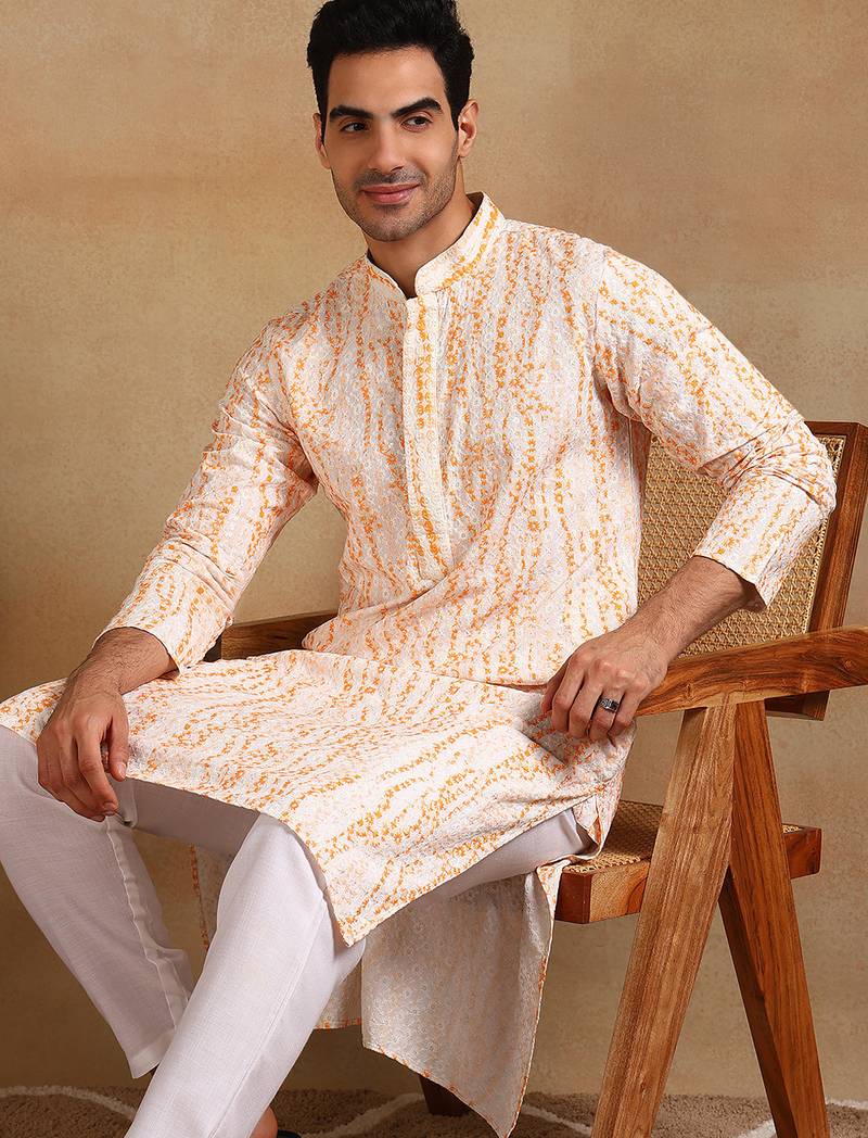 Men orange viscose rayon floral printed straight kurta