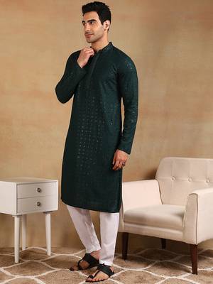 Men green viscose rayon solid embroidered straight kurta 1