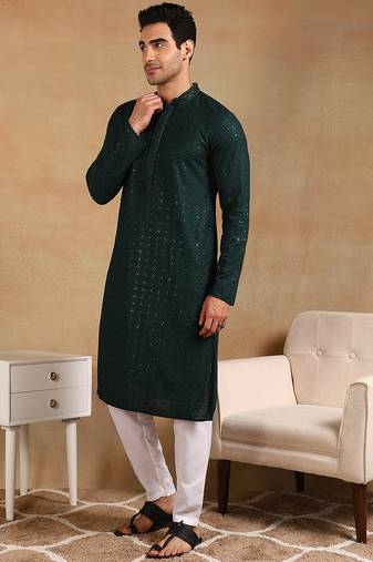 Men green viscose rayon solid embroidered straight kurta