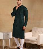 Men green viscose rayon solid embroidered straight kurta