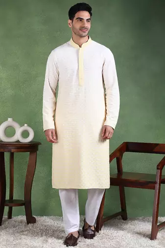 Men yellow viscose rayon solid embroidered straight kurta