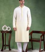 Men yellow viscose rayon solid embroidered straight kurta