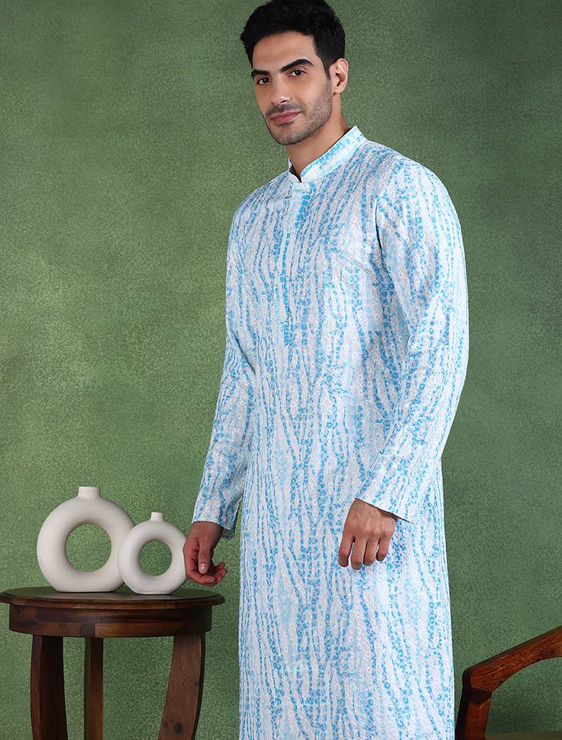 Men blue viscose rayon solid embroidered straight kurta
