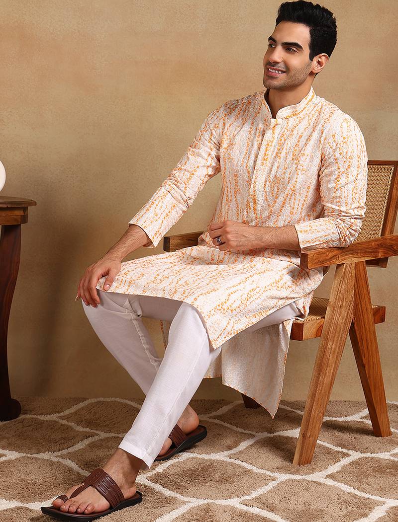 Men orange viscose rayon floral printed straight kurta