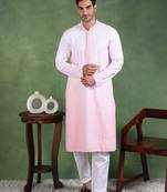 Men peach viscose rayon solid embroidered straight kurta