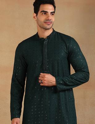 Men green viscose rayon solid embroidered straight kurta 2