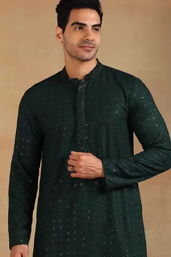 Men green viscose rayon solid embroidered straight kurta