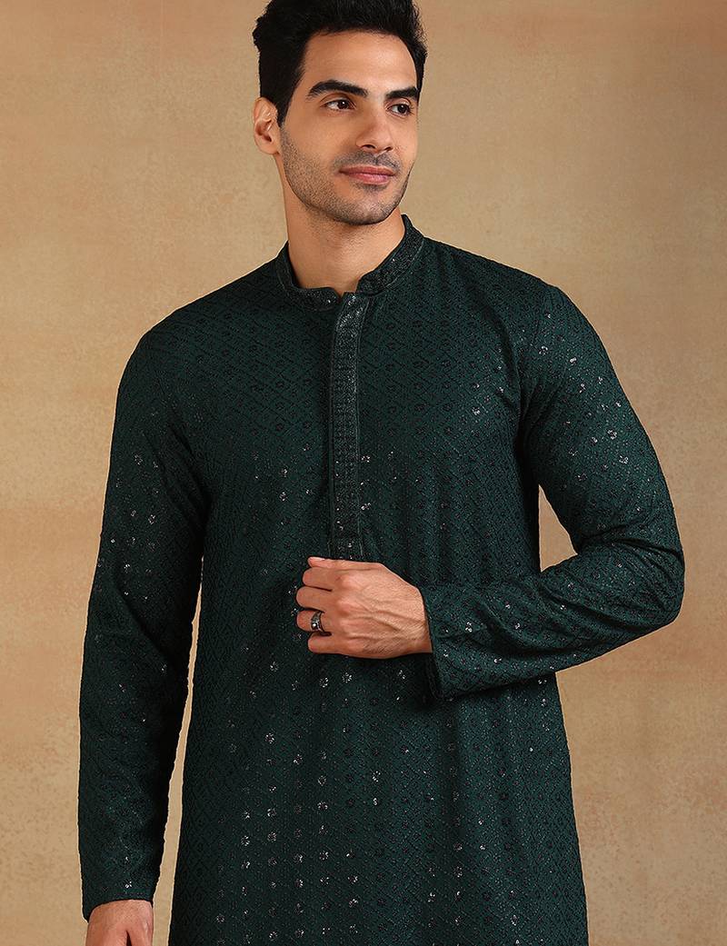 Men green viscose rayon solid embroidered straight kurta