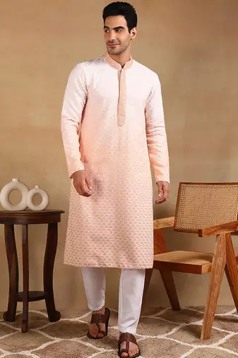 Men orange viscose rayon solid embroidered straight kurta