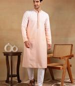 Men orange viscose rayon solid embroidered straight kurta