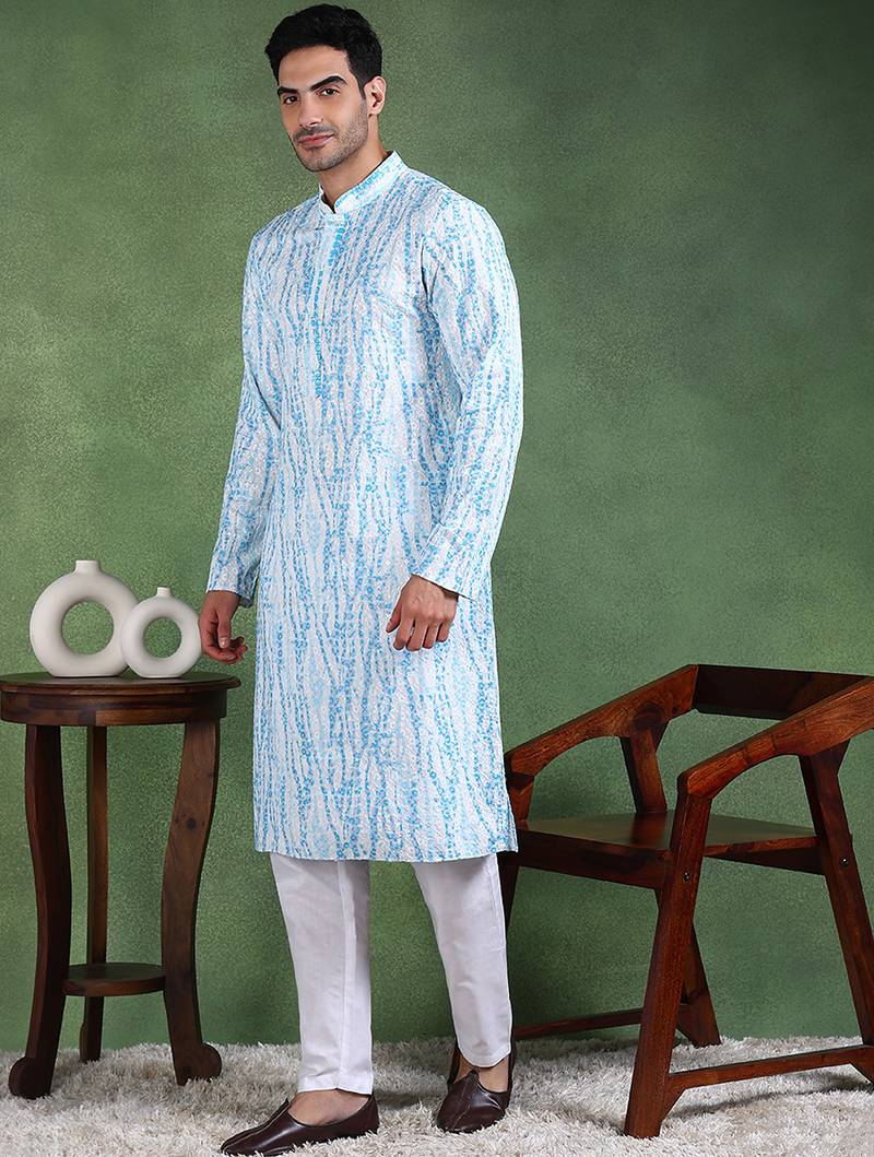 Men blue viscose rayon solid embroidered straight kurta