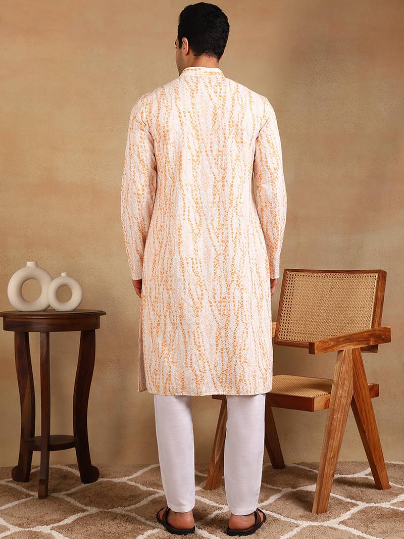 Men orange viscose rayon floral printed straight kurta