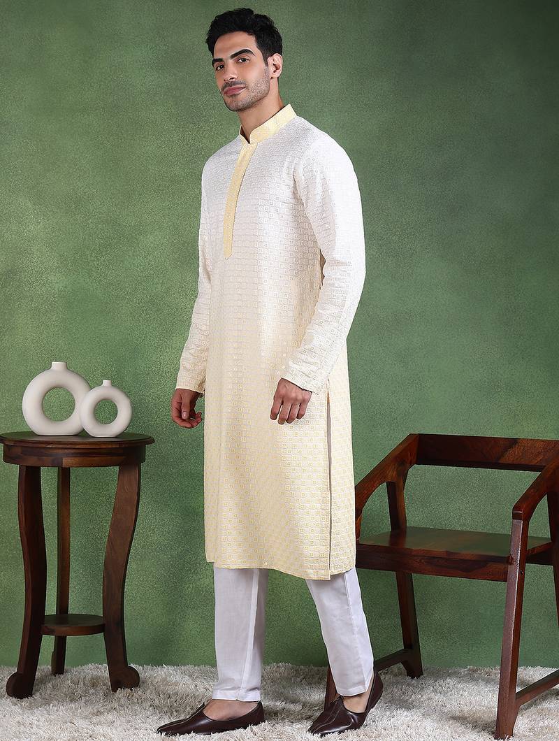 Men yellow viscose rayon solid embroidered straight kurta