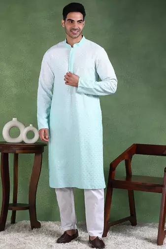 Men green viscose rayon solid embroidered straight kurta