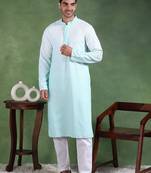 Men green viscose rayon solid embroidered straight kurta