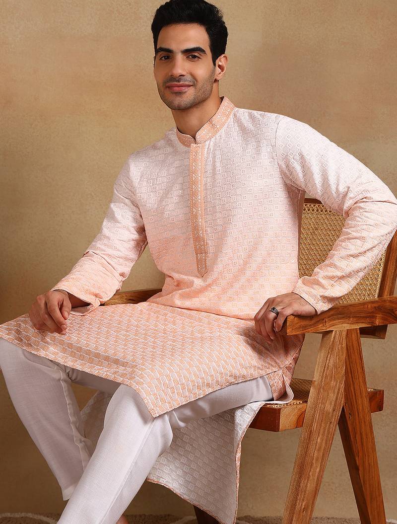 Men orange viscose rayon solid embroidered straight kurta