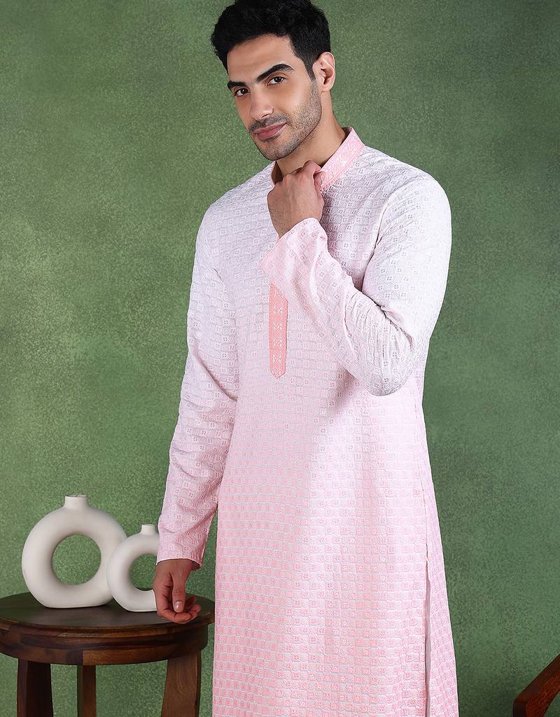 Men peach viscose rayon solid embroidered straight kurta