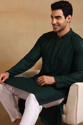 Men green viscose rayon solid embroidered straight kurta