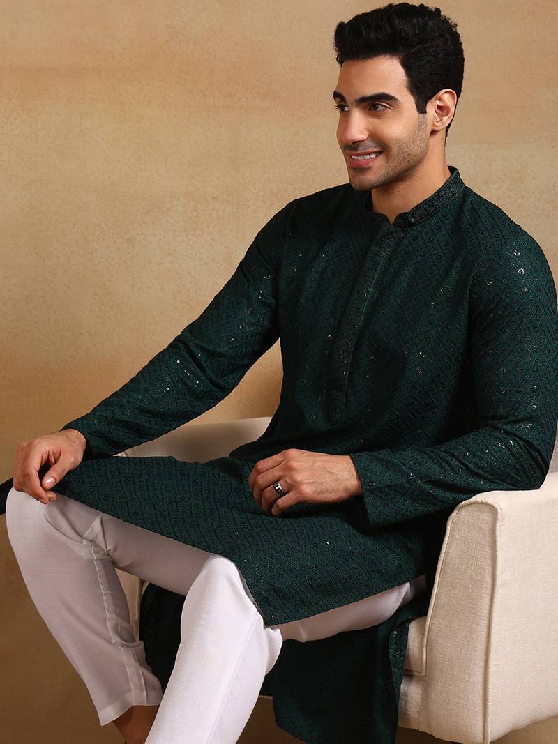 Men green viscose rayon solid embroidered straight kurta
