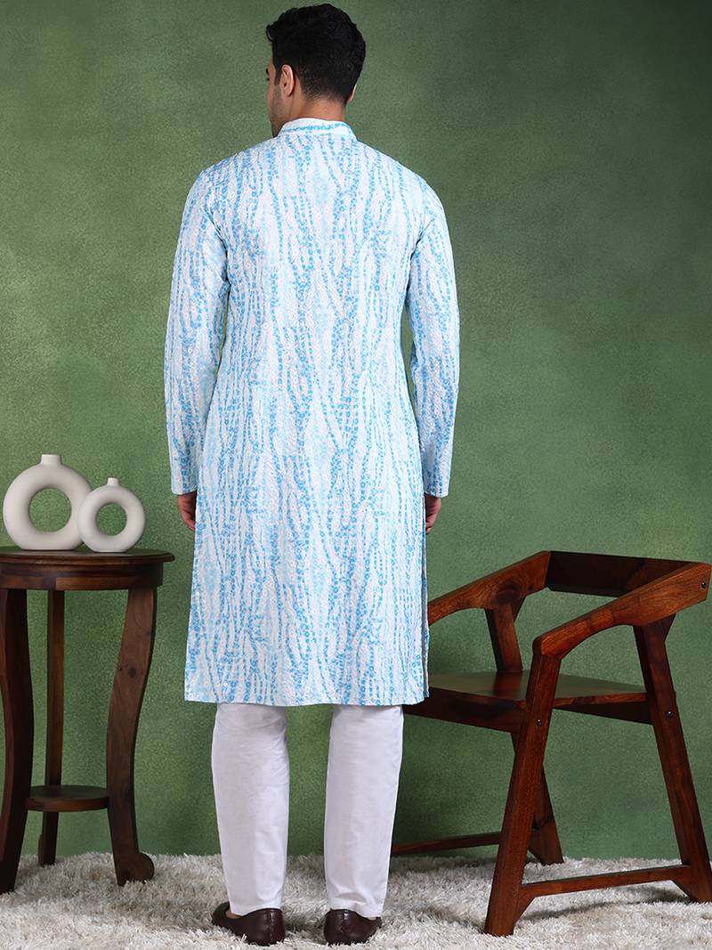 Men blue viscose rayon solid embroidered straight kurta
