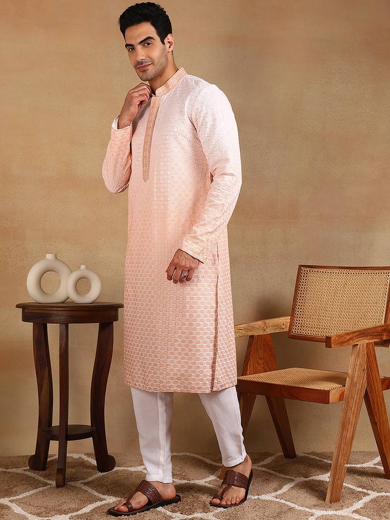 Men orange viscose rayon solid embroidered straight kurta