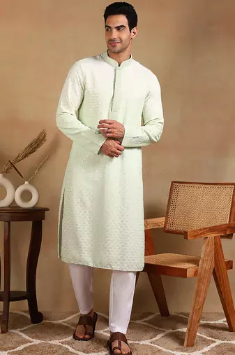 Men green viscose rayon solid embroidered straight kurta