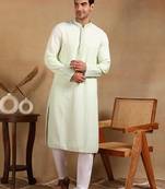 Men green viscose rayon solid embroidered straight kurta