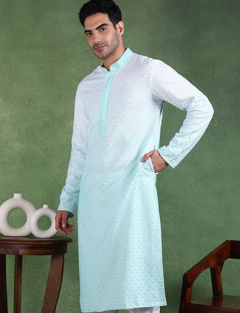 Men green viscose rayon solid embroidered straight kurta
