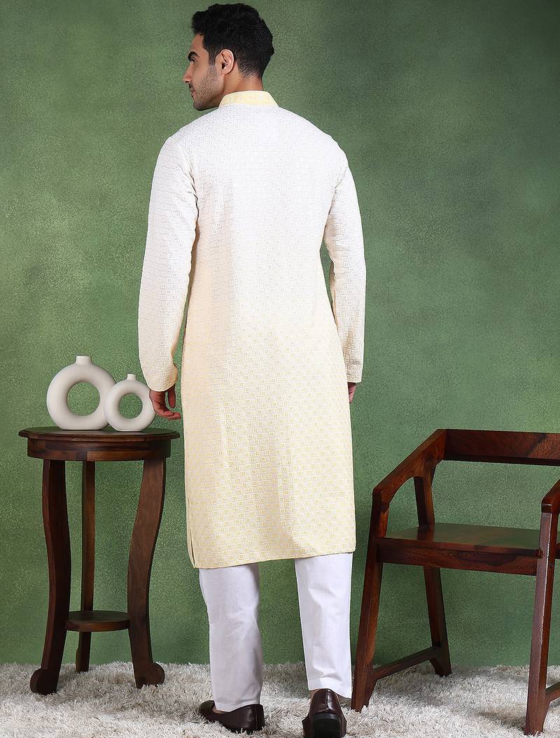 Men yellow viscose rayon solid embroidered straight kurta