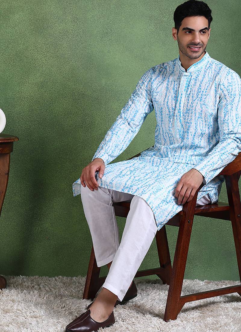 Men blue viscose rayon solid embroidered straight kurta