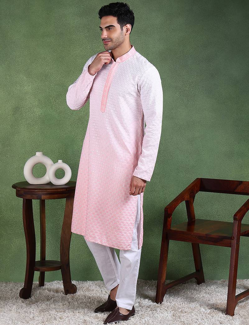 Men peach viscose rayon solid embroidered straight kurta