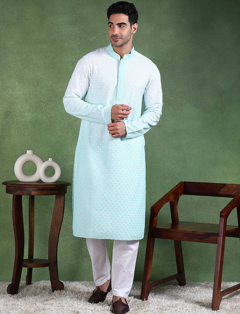 Men green viscose rayon solid embroidered straight kurta