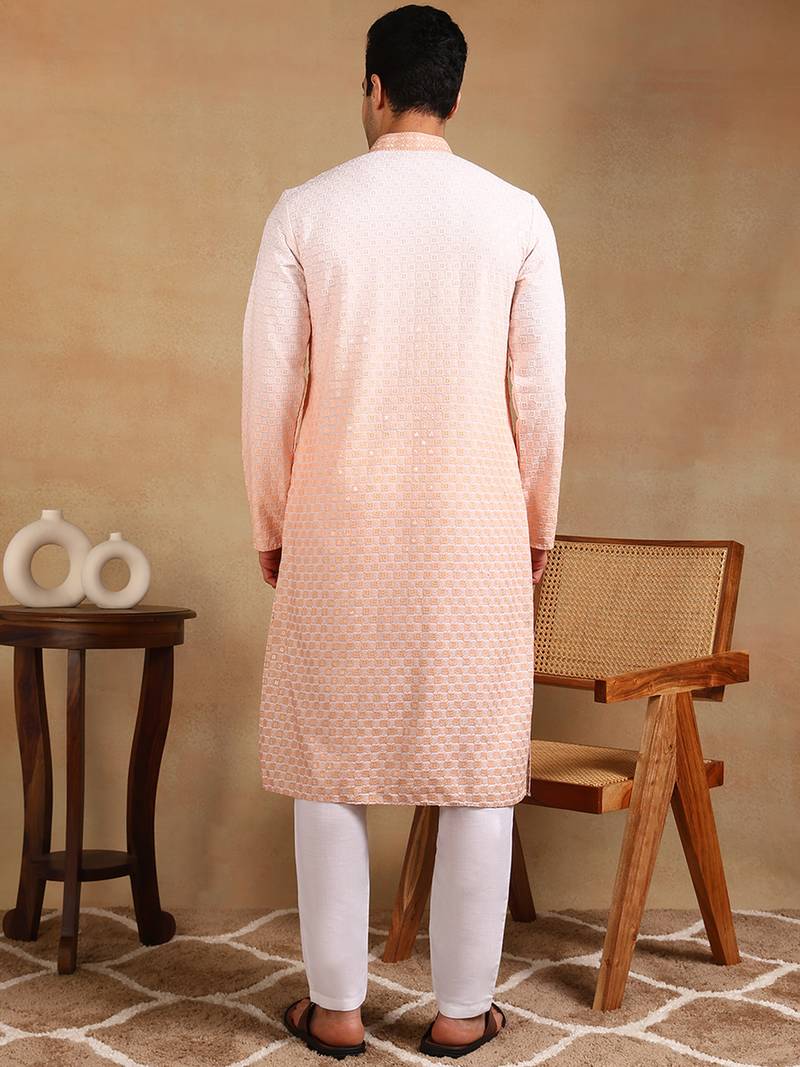 Men orange viscose rayon solid embroidered straight kurta