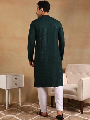 Men green viscose rayon solid embroidered straight kurta 4