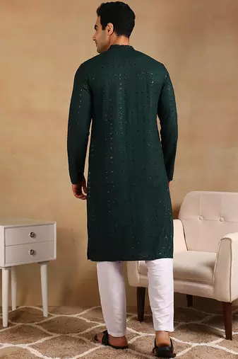Men green viscose rayon solid embroidered straight kurta