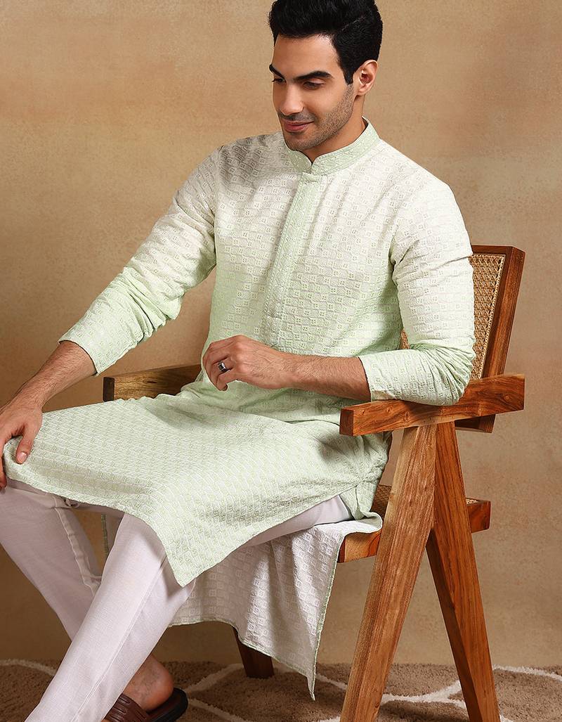 Men green viscose rayon solid embroidered straight kurta