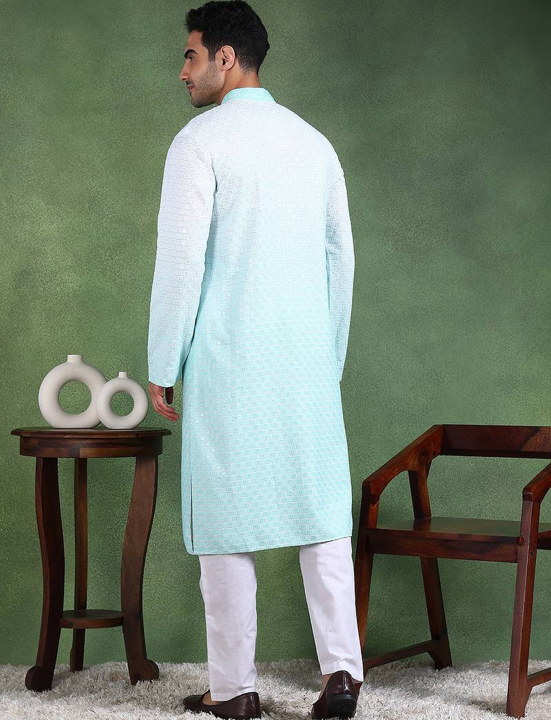 Men green viscose rayon solid embroidered straight kurta