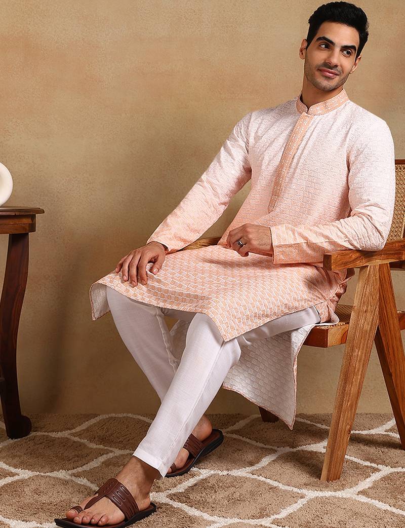 Men orange viscose rayon solid embroidered straight kurta