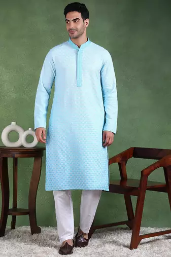 Men turquoise blue viscose rayon solid embroidered straight kurta