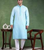 Men turquoise blue viscose rayon solid embroidered straight kurta