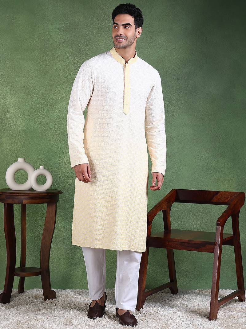 Men yellow viscose rayon solid embroidered straight kurta