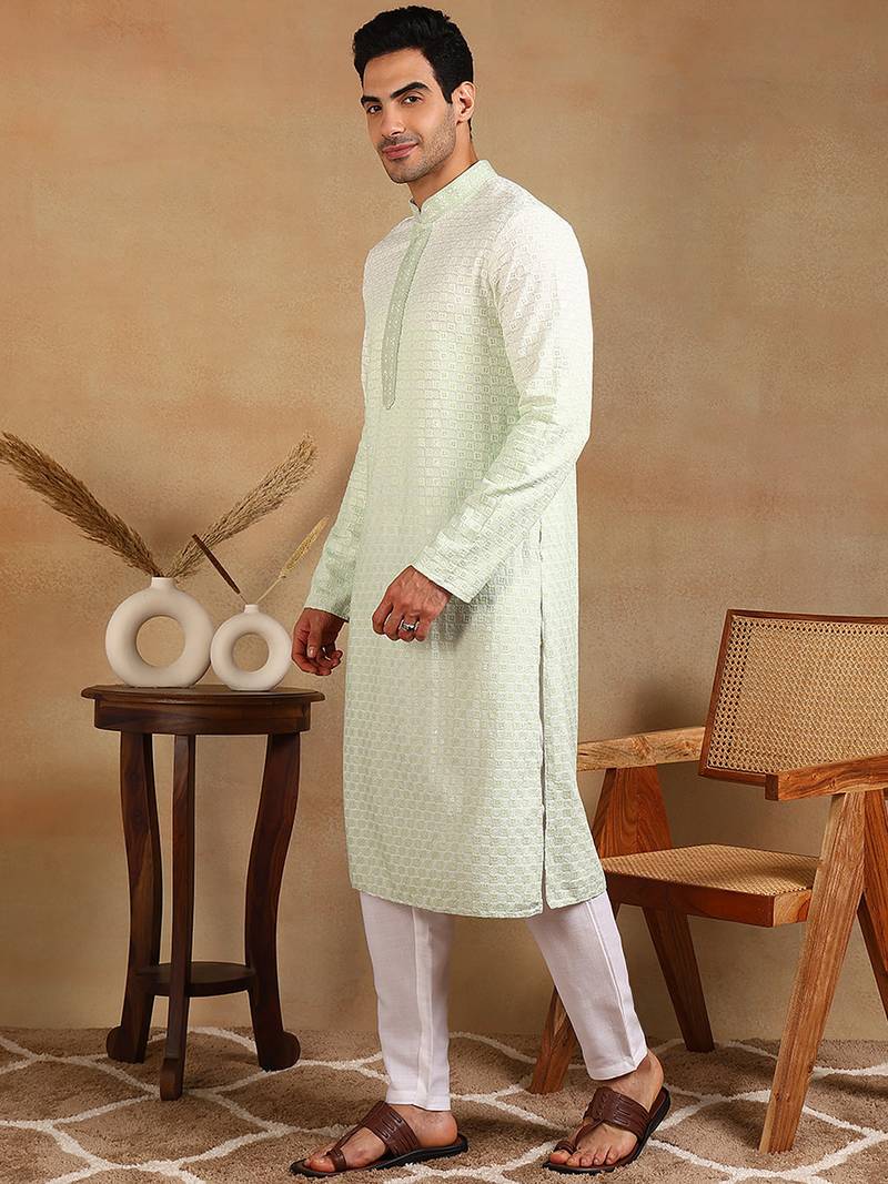 Men green viscose rayon solid embroidered straight kurta