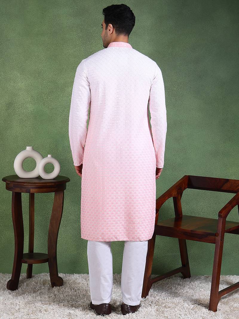 Men peach viscose rayon solid embroidered straight kurta