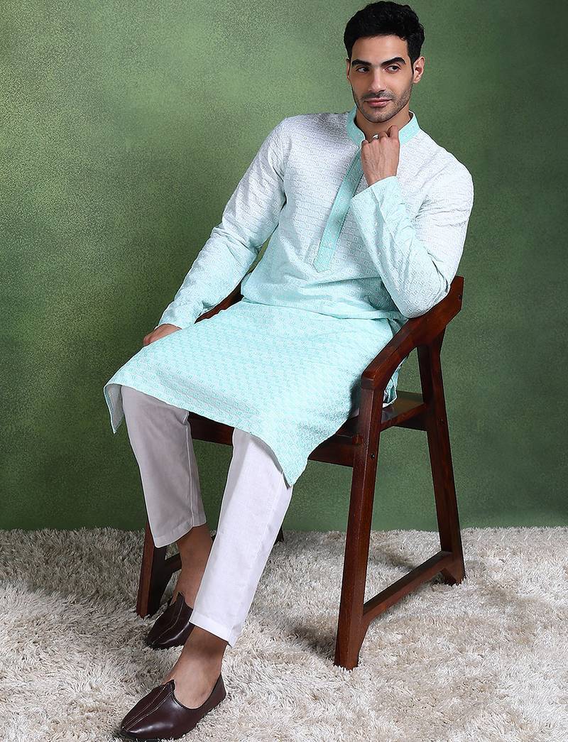 Men green viscose rayon solid embroidered straight kurta