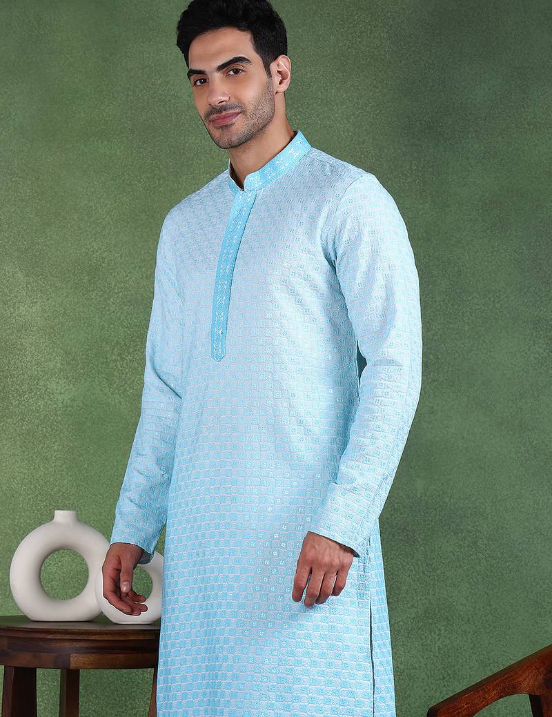 Men turquoise blue viscose rayon solid embroidered straight kurta