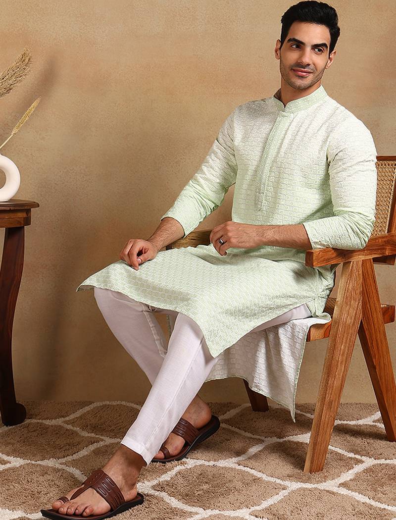 Men green viscose rayon solid embroidered straight kurta