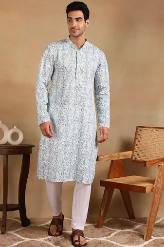 Men teal viscose rayon ethnic motifs embroidered straight kurta